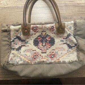 Myra Fringy Woven Rug Canvas Handbag Tote w Leather Handles Aztec Boho Artsy